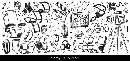Cinema doodle set with film, movie and video sketch elements - hand drawn popcorn and camera, clapperboard, seats and projector with entertainment icons. Black line illustrations for media designs. Stock Vector