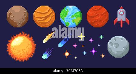 Colorful pixel planet collection with Earth, Mars, sun and moon with rocket ship for retro space game assets. Shooting comets with sparkly stars on dark background. 8 bit astronomy arcade objects. Stock Vector