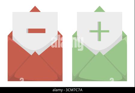 Plus minus icons. Add remove messages. Vector envelope set. Red green illustration. EPS 10. Stock Vector