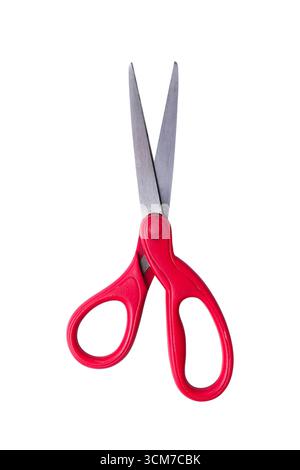 Red-handled scissors with sharp stainless steel blades, isolated on white background, essential cutting tool for school, office, sewing, and everyday Stock Photo