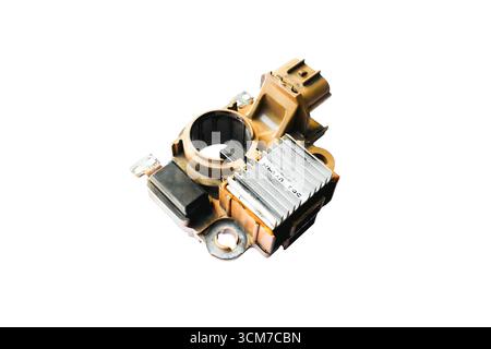 Automotive alternator voltage regulator isolated on white background, essential car electrical component for controlling charging system and maintaini Stock Photo