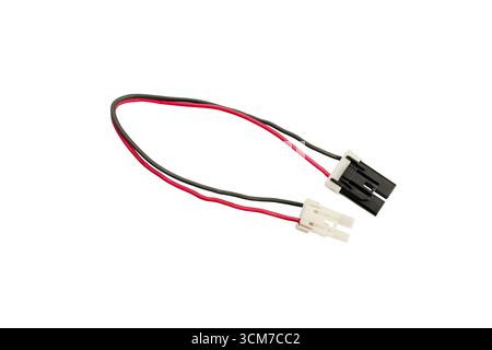 Electrical wire connector isolated on white background with red and black cables, two-pin plug adapter for automotive or electronic devices, power con Stock Photo