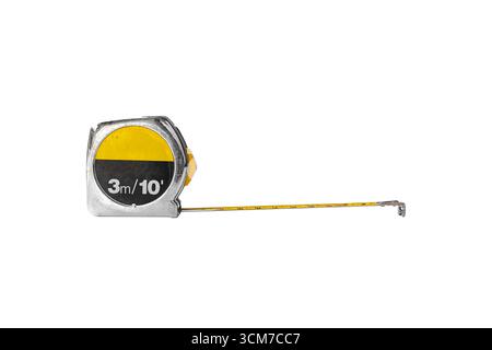 Steel measuring tape 3m 10ft isolated on white background with yellow and black case, retractable ruler tool for construction, woodworking, and DIY pr Stock Photo