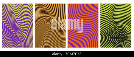 Psychedelic color illusion patterns set. Vector illustration of abstract wavy ripple background, dizzying texture posters, hypnotic line art, seamless pink, green, orange, purple curves, motion effect Stock Vector