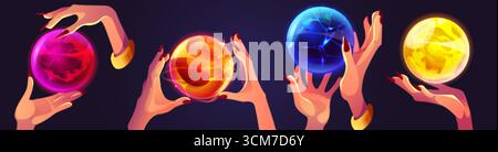 Mystical fortune ball magic orbs with glowing energy - hands holding crystal spheres with swirling cosmic patterns for divination or spellcasting. Fantasy game assets for wizard or supernatural power Stock Vector