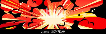 Red anime comic burst background with explosive radial rays and halftone patterns - dynamic action effect with clouds and energy waves for manga panels. Bold impact design for superhero or fight scene Stock Vector