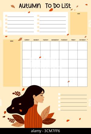 Autumn Planner with Woman Portrait with Long Hair and Fall Leaves. Organizer for grid Calendar Month, To-Do list and Note, memo. Seasonal Vertical pri Stock Vector