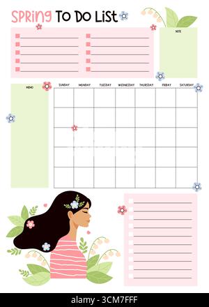 Spring Planner. Cute Woman Portrait with Flowers lily of the valley. Female Organizer for Calendar Month, To-Do list and Note, memo. Seasonal Vertical Stock Vector