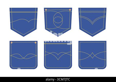 Set of classic stitched jeans pockets. Denim pocket patches isolated on white background. Vector illustration Stock Vector