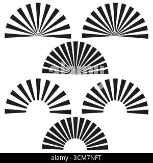 Abstract fan ornament. Geometric shape set. Black sunburst patterns. Vector line art. EPS 10. Stock Vector