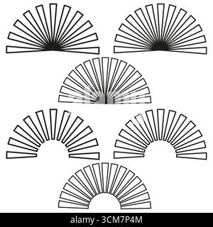 Abstract fan illustration. Geometric shape set. Black and white lines. Vector radial symbol. EPS 10. Stock Vector