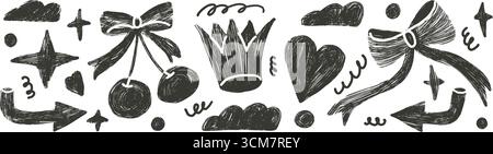 Crown, bow, heart and geometric forms sketch linocut elements. Abstract silhouette shapes charcoal drawn set. Naive black doodle figures on white back Stock Vector