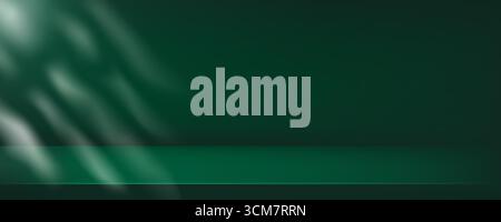 Dark green gradient background with windows sunlit. Light neutral wall room. Minimal scene with table in deep natural colors. Template with empty desk Stock Vector