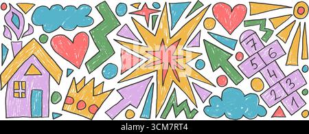 Kids elements crayon drawn set. Hand drawn house, hopscotch game, sun and clouds doodle shapes on white background. Kindergarten naive chalk figures. Stock Vector