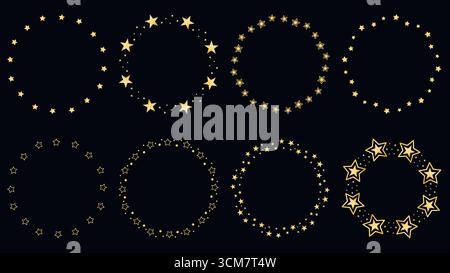 Set of round frames made of golden stars. Festive round rims for New Year. Glowing star circle shapes vector graphics Stock Vector
