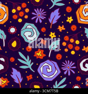 Doodle flowers seamless pattern. Color abstract autumn plants, buds, berries on dark violet background. Hand-drawn leaves, petals. Stylized halloween Stock Vector