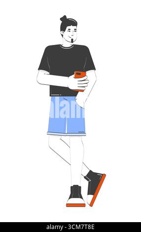 Young man with goatee and topknot hairstyle holding phone 2D doodle character Stock Vector
