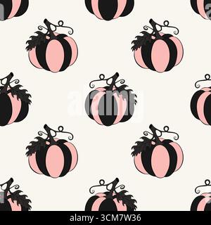 Pattern with hand drawn Halloween striped pumpkins, pink and dark grey. On creamy beige background. Vector illustration Stock Vector