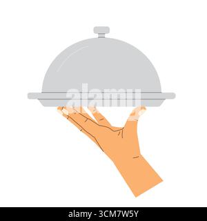 hand holding serving platter with cloche symbolizing restaurant service, catering, hospitality and fine dining, perfect for food business and menu des Stock Vector