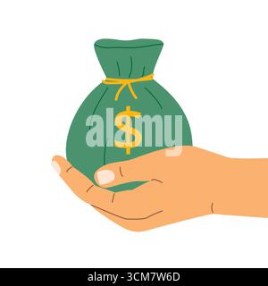hand holding a bag of money; symbol of finance, wealth, investment, savings and business success -vector illustration Stock Vector