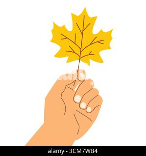 hand holdinga yellow autumn maple leaf - vector illustration Stock Vector