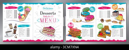 Pink and blue dessert menu card - letter format x2 (8,5 x 11 inches x2) - vector illustration Stock Vector