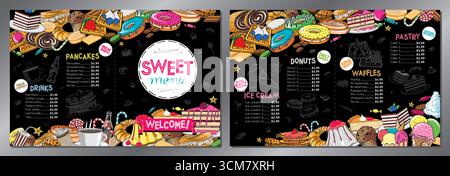 Dessert menu card with colorful hand-drawn food - letter format x2 (8,5 x 11 inches x2) - vector illustration Stock Vector
