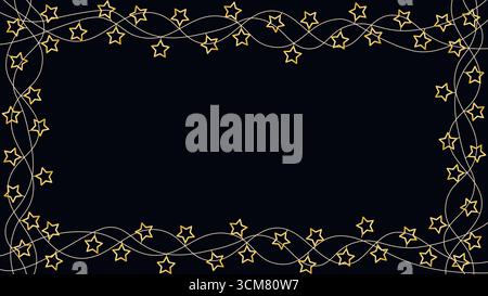 Dark background with frame of starry glowing garlands. Blank template with glowing holiday decoration illumination. Vector graphic,banner for New Year Stock Vector