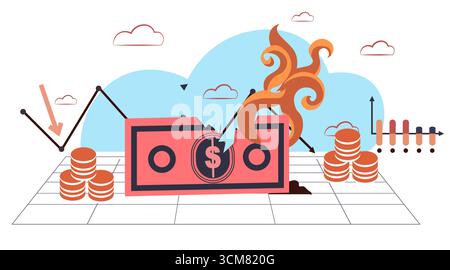 Burning dollar bill financial crisis recession concept chart with falling arrow coins and smoke on abstract background Stock Vector