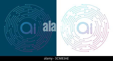 Artificial intelligence logo, chip, icon, sign in the flat line design style. Digital circuit board concept technology artwork for poster, cover, web Stock Vector