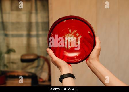 plate with red glass patterns. High quality photo Stock Photo