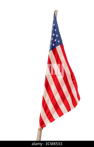Close up photo of an American US flag on a pole, isolated on white background, presidential midterm elections, american national holiday, July 4, Vete Stock Photo