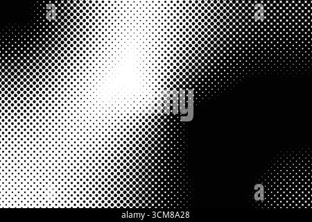 Black and white halftone background features a smooth gradient, transitioning from a dense concentration of dots. Stock Vector
