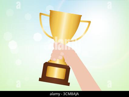 Hand Holding Golden Trophy Cup. Champion and Winning Concept Vector Illustration. Stock Vector