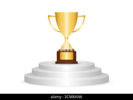 Golden Trophy Cup or Winner Cup Award on Stage Podium. Winner Podium. Champion and Winning or Celebration Concept. Vector Illustration. Stock Vector