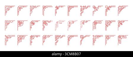 Vector set of chinese corners. Red japanese border frames design art, asian vintage ornaments isolated on white background. Traditional korean decorative element, japan ancient line culture decoration Stock Vector