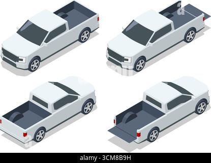 Modern off-road pickup truck car. 4-door midle size work utility suv vehicle. Isometric illustration of white pickup truck from different angles Stock Vector