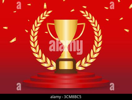 Golden Trophy Cup or Winner Cup Award on Stage Podium. Winner Podium. Champion and Winning or Celebration Concept. Vector Illustration. Stock Vector