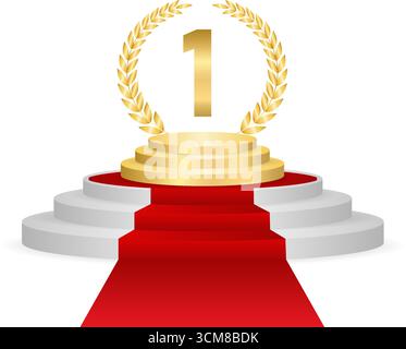 Number One Golden Winner Award on Stage Podium with Red Carpet.. Champion and Winning or Celebration Concept. Vector Illustration. Stock Vector