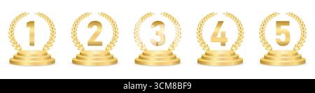 Set of Golden Number Award on Podium Stage. Number Ranking 1 2 3 4 5. Vector Illustration Isolated on White Background. Stock Vector