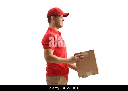 Courier holding a cardboard box isolated on white background Stock Photo