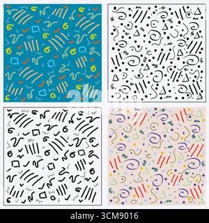 Set of 4 Colorful Abstract Patterns with Doodles and Geometric shapes on Beige Background Vector Illustration Stock Vector
