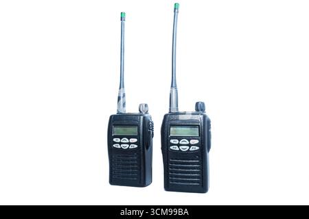 Two new handheld walkie-talkies isolated on white background. Stock Photo