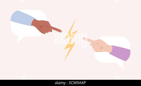 Hands of different skin tones in speech bubbles pointing at each other and the lightning bolt icon between them. Flat vector illustration Stock Vector