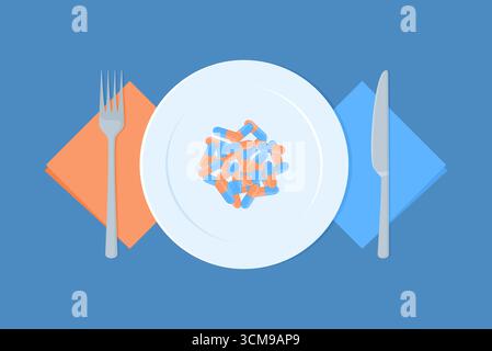 A pile of capsules on a plate with cutlery and napkins on the sides, top view. Flat vector illustration Stock Vector