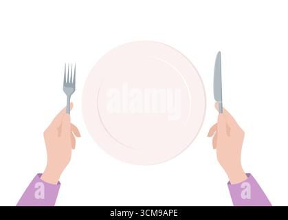 Two hands holding a dinner knife and fork and a large empty plate in the center isolated on a white background, top view. Flat vector illustration Stock Vector