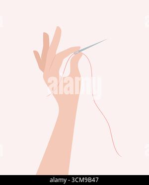 Hand holding needle with red thread, flat vector illustration Stock Vector