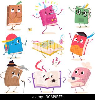 Cartoon book characters. Various books emotions, funny chef, graduated, student or pupil, happy birthday. Children mascots nowaday clipart original ar Stock Vector