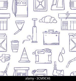 Gas station seamless pattern. Car service tools, filling station snacks and equipment. Hand drawn elements print for fabric, wallpaper, neoteric vecto Stock Vector
