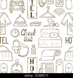 Hand drawn hotel pattern. Doodle motel interior elements, bed key hair dryer towel. Outline items print for fabric wallpaper wrapping, neoteric vector Stock Vector